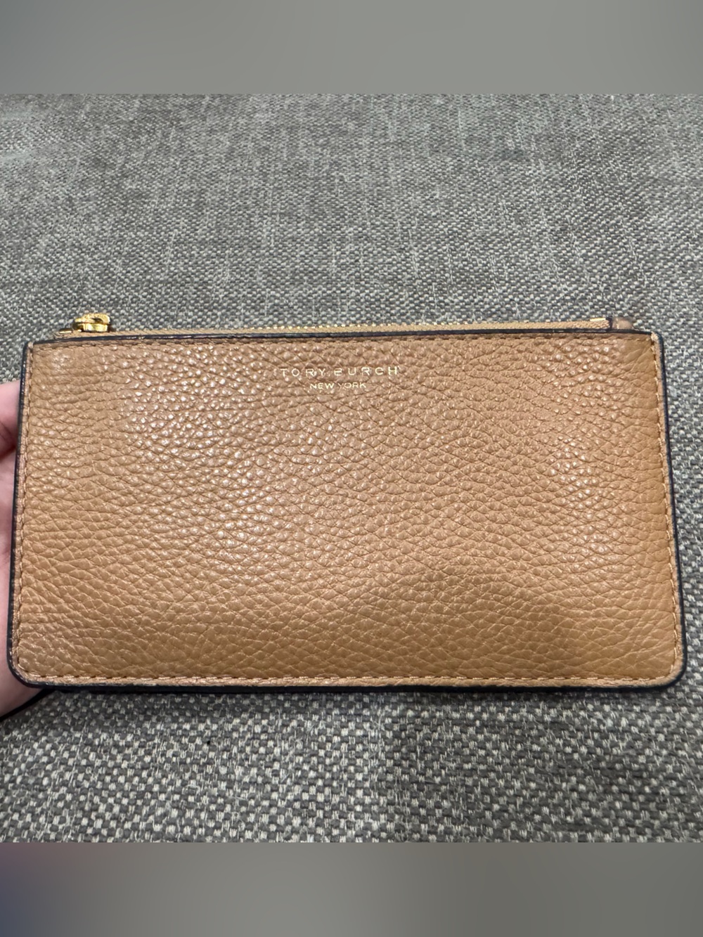 Tory Burch Taupe Pebbled Leather Zip Wallet